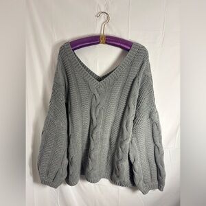 Gray Oversized V Neck Balloon Sleeve Boho Cybergrunge Cable Knit Sweater Size XL